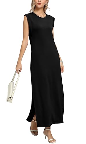 WUWUSKY Damen Maxikleid ärmellos mit Rundhals und Seitenschlitz – Elegantes lässiges Kleid mit Zwei Taschen,schwarz,XL