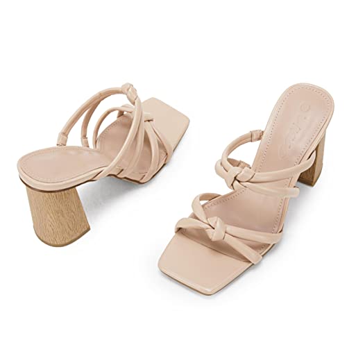 Image of LAICIGO Womens Chunky Block Heels Sandals Square Open Toe Slip on Slides | 3.5In-High Heeled Sandals, Double Knot Strap, Summer Dress Shoes, Work Casual, Vacation, Party