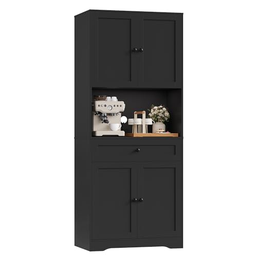 FOREHILL Küchenschrank Hochschrank, Küchenbuffet Buffetschrank mit Arbeitsplatte, 4 Türen, Schublade, Kabelloch, verstellbaren Einlegeböden, Mehrzweckschrank für Wohnzimmer Küche 75x40x180cm, Schwarz FOREHILL Küchenschrank Hochschrank, Küchenbuffet Buffetschrank mit Arbeitsplatte, 4 Türen, Schublade, Kabelloch, verstellbaren Einlegeböden, Mehrzweckschrank für Wohnzimmer Küche 75x40x180cm, Schwarz