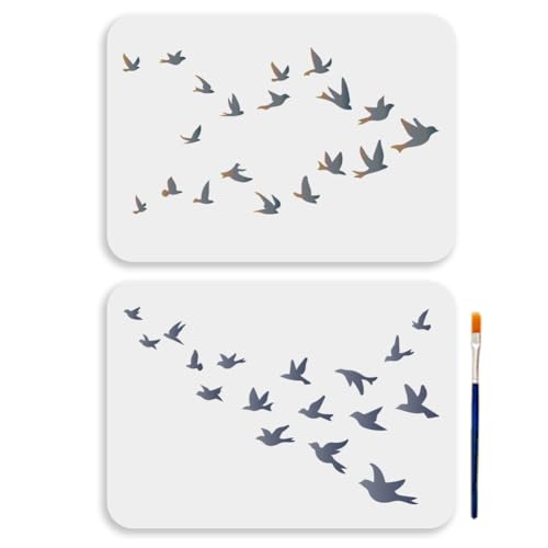 MAYJOYDIY Lot de 2 pochoirs de migration d'oiseaux réutilisables format A4 - 29,7 x 21 cm - Pochoir de migration d'oiseaux pour peinture, décoration...