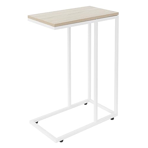 ML-Design Beistelltisch in C-Form, Weiß-Eiche, 45x25x64 cm, Metallgestell & Holzplatte, unters Sofa, Industrie-Design, Couchtisch Wohnzimmertisch Sofatisch Kaffeetisch Nachttisch Betttisch Laptoptisch