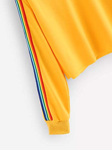 Haoricu Women's Colorful Striped Long Sleeves Round Neck Casual Sweatshirt Ladies Teen Girl Pullover Blouse Tops Yellow #TOP4