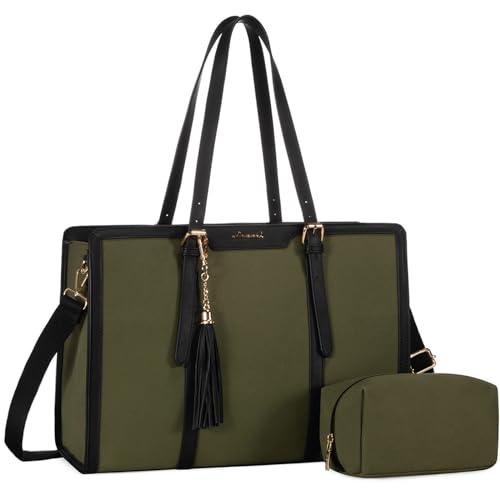 LOVEVOOK Laptop Bag for Women - 15.6 inch Lightweight Canvas Laptop Tote, Large Capacity Computer Bag with Clutch Purse for Business, Work, Travel, School (Black & Green, 15.6 Inch)