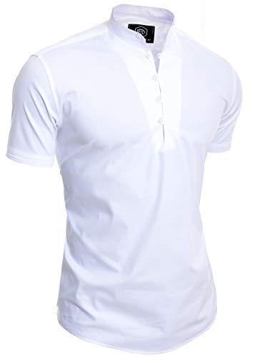 D & R Fashion Chemise à Manches Courtes pour Hommes Col de Grand-père Décontractée Intelligent Slim FitCoton Col en V