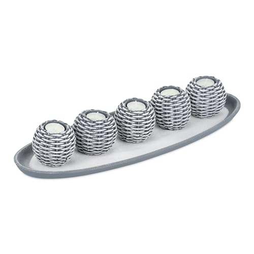 Relaxdays Porte-Bougies avec Plateau, 5 bougeoirs, Sable, décoration de Table, Salon, Chambre, déco Bougies, Gris/Blanc
