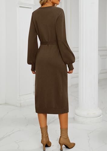 MIROL Women's 2025 Fall Sweater Dress Crew Neck Long Puff Sleeve Tie Waist Knit Midi Dress with Belt3