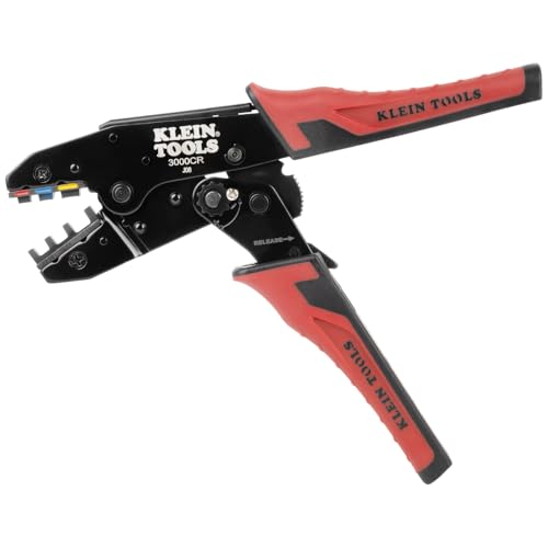 Image of Klein Tools 3007CR Crimping Tool For Heat Shrink Connectors, Ratcheting Terminal Crimper, 10 to 22 AWG Stranded Copper Wire, Full-Cycle, 3-Cavity
