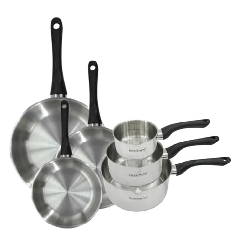 Fackelmann 9444050 Set 3 poêles 20 24 et 28 cm et 3 casseroles 12 16 et 20 cm en inox 18/8, tous feux, induction, sans PFAS, Acier inoxydable 18/8, 12 16 20 24 28 cm, Gris Argent