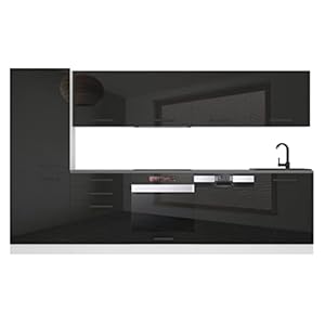 B BELINI GROUP Belini Kitchenette, keukenblok, roos, keukenmeubel, 300 cm, inbouwkeuken, volledige uitrusting zonder elektrische apparaten, met hangkasten en onderkasten, zonder werkbladen, zwart hoogglans