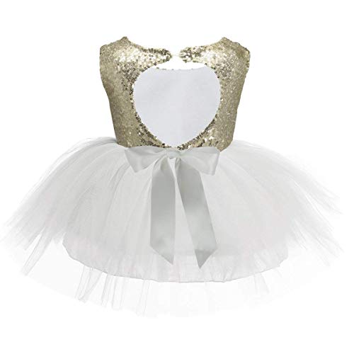 XIPAI Flower Girl Dress Baby Toddlers Girl Sequin Dress Tutu Kids Party Dress Bridesmaid Wedding Gown Birthday Dress Gold/White 5-6years