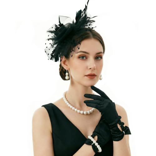Image of DRESHOW 1920s Vintage Fascinators Hat for Women Veil Mesh Tea Party Derby Hat Bow Satin Gloves Pearl Jewelry Set for Cocktail
