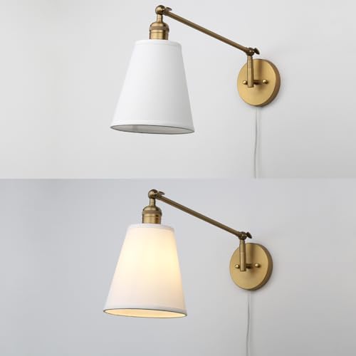 Image of PERMO Retro Swing Arm Wall Sconce Plug in Wall Lamp Single Sconce Light Fixture with White Fabric Shade for Bedroom Living Room Home Office