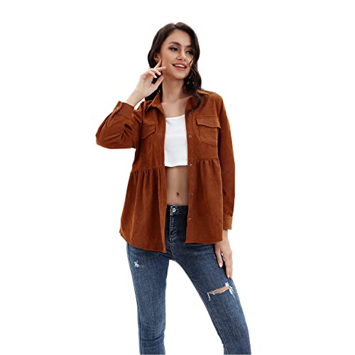 SUNNOW Womens Corduroy Shirts Long Sleeve Cute Babydoll Collared Ruffle V Neck Casual Blouse Top,XL Camel