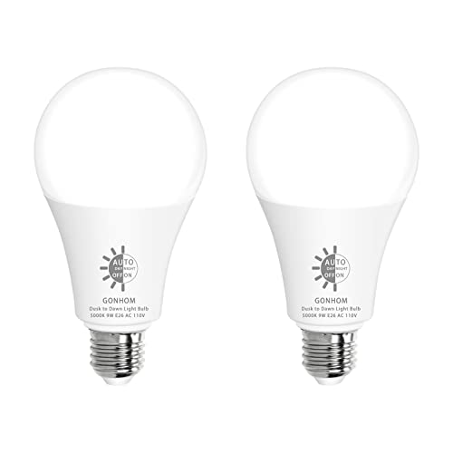 2 Pack GONHOM Dusk to Dawn Light Bulbs Outdoor, 5000K-Daylight, 720LM, 9W(100W Equivalent) A19 E26 Automatic On/Off LED Light Bulbs, Dusk to Dawn LED Outdoor Lighting for Porch Garage Patio 