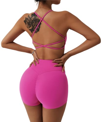 Belriviere Ensemble d'entraînement 2 pièces pour femme, soutien-gorge de sport croisé, short taille haute, leggings, tenue de yoga et de gym, rose rouge, XL