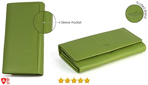 Image of Women's Top Grain Leather Wallet, RFID Blocking Bifold clutch, 17 Card Slots, Zip Pocket Organizer, Elegant Gift for Women - Birthday, Valentine, Anniversary - GREEN