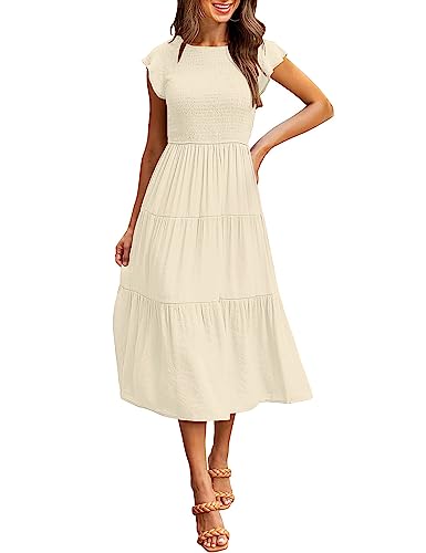 MEROKEETY Women's Flutter Short Sleeve Smocked Midi Dress Summer Casual Tiered A-Line Dress,Apricot,L