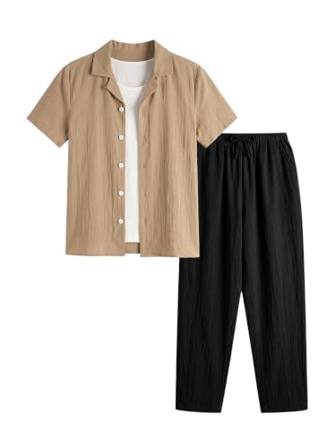 Image of Verdusa Boy's 2 Piece Sets Linen Set Going Out Summer Outfits Button Up Shirt and Pants Set Matching Sets