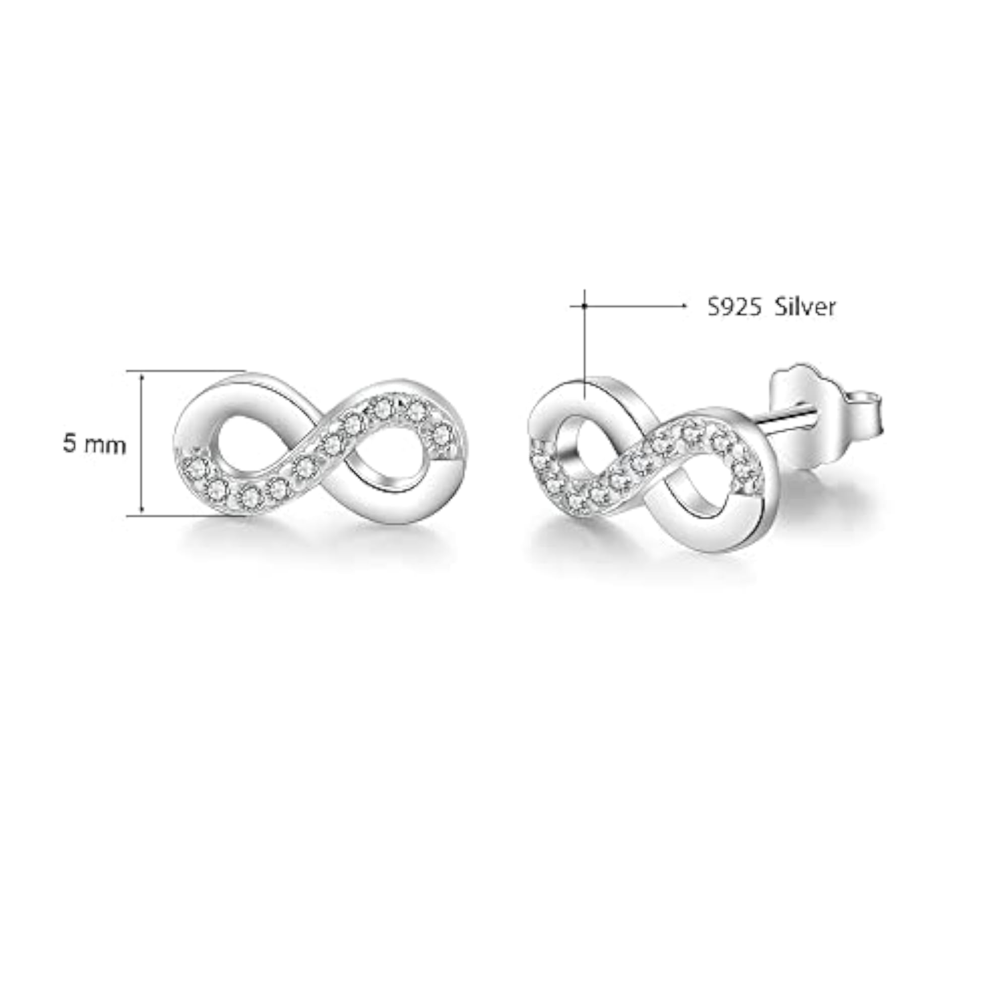 Infinity Stud Earrings with Cubic Zirconia, Tiny Flat Backs