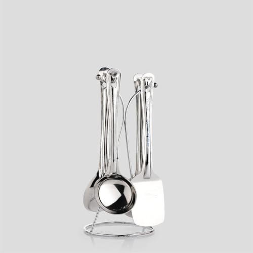 Image of Crystal Stainless Steel Cooking & Serving Spoon Set | 5 Pcs Set | Ladle,Oval Server,Skimmer, Spatula and Stand