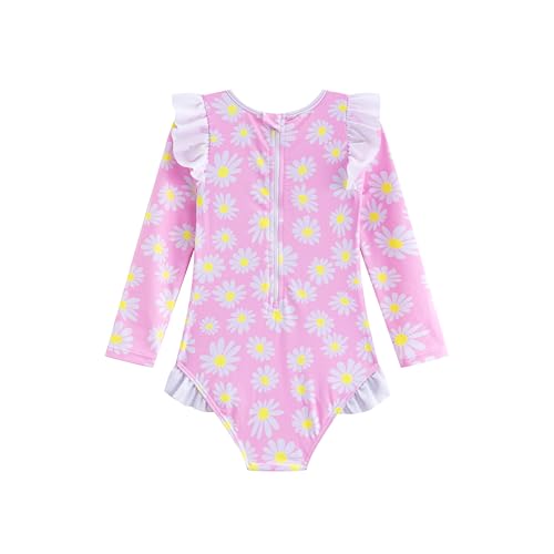 LIZENS Girls' Swimwear One Piece Scoop Neck Ruffle Long Sleeves Pink Daisy Floral Beach Bathing Suit for Kids2