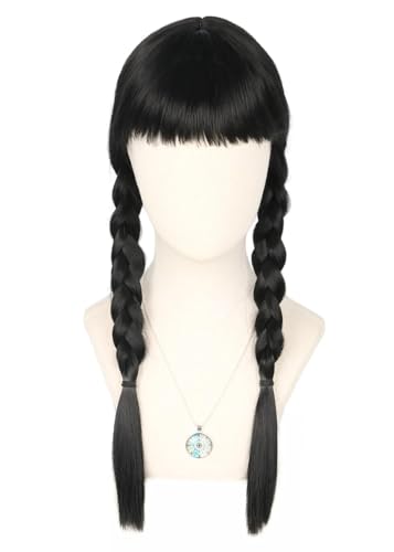 Topcosplay Peluca de miércoles para niñas, color negro, larga y lacia, con 2 trenzas, disfraz de Halloween