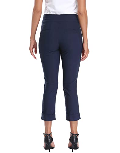 Image of HDE Pull On Capri Pant for Women w /Pockets Elastic Waist Cropped Work Pant | Comfortable Pull On Waist, Tailored Fit with Cuff, Stretchy Summer Office Pants, 24.25 inch Inseam, Professional Dress Capris