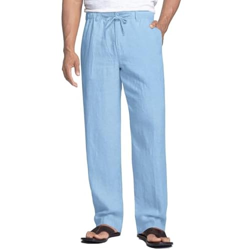 COOFANDY Men's Casual Linen Pants Elastic Waist Drawstring Beach Summer Pants Lightweight Linen Trousers Small Sky Blue