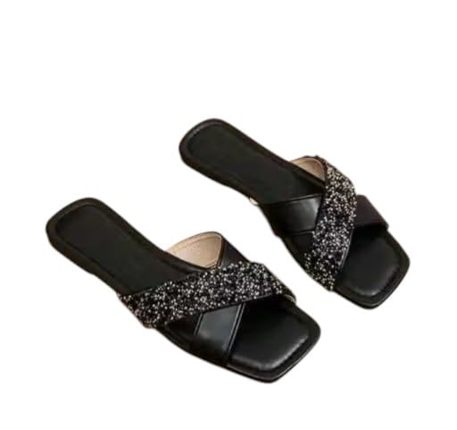 Women's White Cross Strap Flat Slide Sandals with Square Toe (BLACK PATTA, UK Footwear Size System, Adult, Women, Numeric, Medium, 5)-image-11