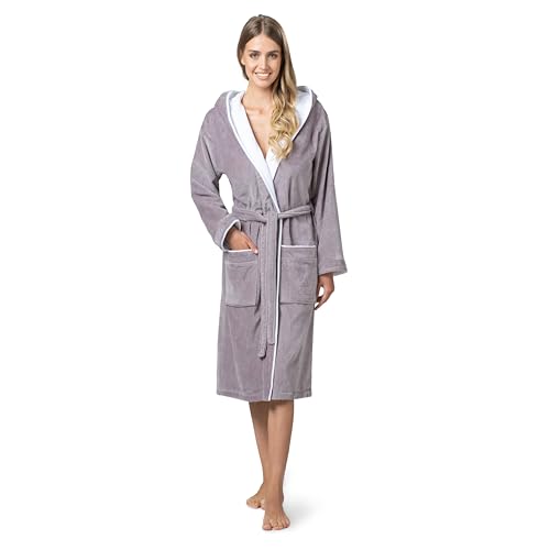 Twinzen Peignoir de Bain Femme Taupe - Coton Velours - Robe de Chambre Femme Velours Peignoir Femme Coton OekoTex Ultra Doux - Taille M