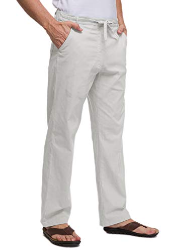 Janmid Men's Drawstring Casual Beach Trousers Linen Summer Pants Light Grey XL