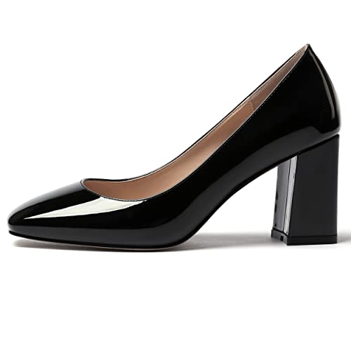 MODENCOCO Women's Thick Square Toe Patent Slip On Solid Block High Heel Pumps Shoes 3 Inch