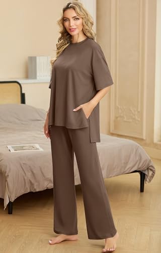 Image of PrinStory Womens Pajamas Sets 2 Piece Lounge Set Short Sleeve Tops and Long Pants Soft Pjs Loungewear with Pockets