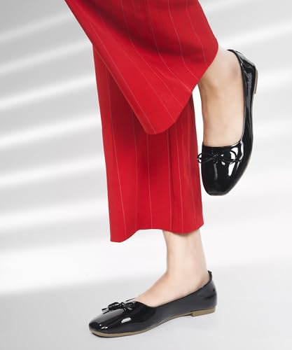 Image of JM LOOKS Elegant Glossy Patent Leather Pointed Toe Flats with Delicate Bow Accent for Professional and Occasion Wear