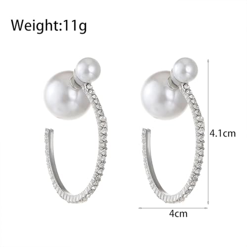 Large Pearl Rhinestone Hoop Earrings for Women, Chunky Sparkly Crystal Statement Hoop Earrings Trendy Cubic Zirconia Prom Party Jewelry Gifts3