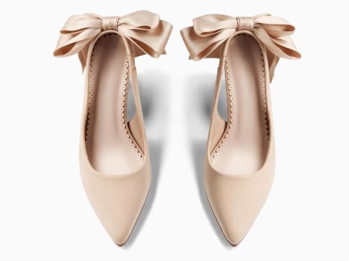 Image of Coutgo Womens Slingback High Heels with Bow Closed Pointed Toe Wedding Bride Dress Shoes Satin Pumps