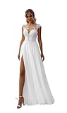 Boho Wedding Dresses for Bride 2025 V Neck Satin Lace High Slit Elegant A-Line Beach Bridal Wedding Gowns with Long Trail White US10