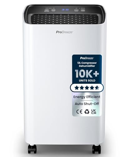 Pro Breeze 12L Compressor Dehumidifier with 2L Water Tank, Laundry Drying & Automatic Humidity Sensor - Portable Mould Remover with 24-Hour Timer for Damp, Black Mould and Condensation