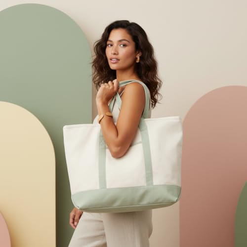 Image of Sage Green Canvas Tote Bag - Extra-Large, 22 Inch Wide, Heavy-duty, Structured Canvas Tote with Zipper Top and Exterior Pocket - 100% Cotton Tote for Shopping, Beach, Picnic, or Grocery (Sage Green) | Heavy Duty