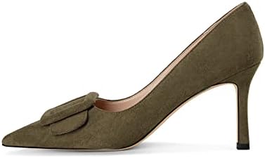 Fericzot Women's Stiletto High Heel Pumps Wedding Party Closed Classic Dress Heeded Shoes with Square Buckle Dark Green-Suede 7 | Image 1