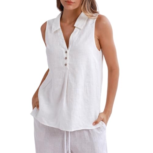 Amazhiyu Women's 100% Linen Summer Tank Tops Sleeveless V-Neck Blouse Casual