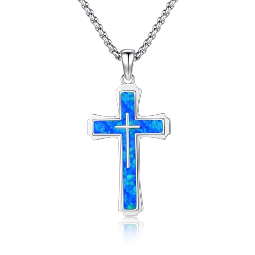 Blue Opal Cross Necklace for Men 925 Sterling Silver Cross Pendant Blue Opal Christian Necklace Religious Jewelry Gifts for Amulet Talisman