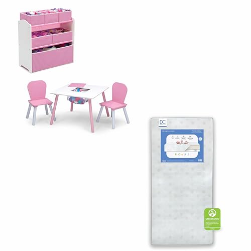 Image of Delta Children 4-Piece Toddler Playroom Set, Pink /White + Twinkle Galaxy Dual Sided Fiber Core Crib and Toddler Mattress (Bundle)