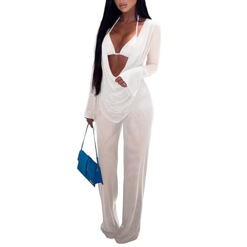 EDITCOZY Women Mesh Sheer 3pcs Outfits Long Sleeve Top Long Pant Bikini Cover Up