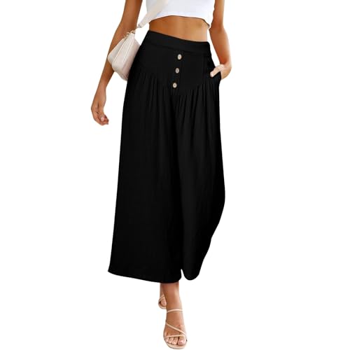 Women Summer High Waisted Cotton Linen Palazzo Pants Casual Wide Leg Long Flowy Dressy Beach Lounge Trousers