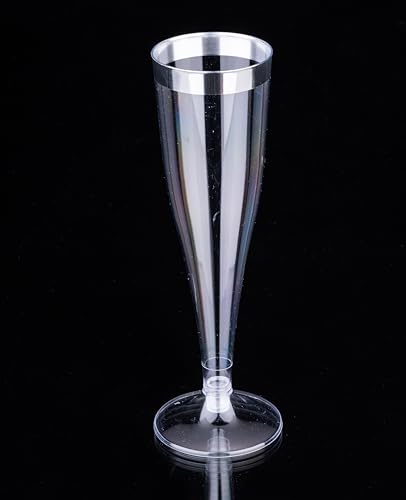 TTFM 50 Count Disposable Plastic Champagne Flutes | 4.5 Oz Mimosa Champagne Glasses | Disposable Glasses For Parties, Wedding | Champagne Toast Glass | Clear Glasses Glitter Glasses (SILVER)