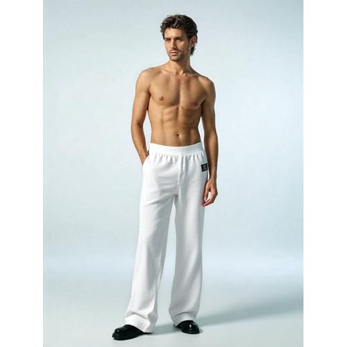 Mokaloha Mens Pants, Cocoparo Men's Casual Hemp Embroidered Logo Drawstring Loose Elastic Waist Pocket Trousers3