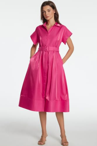 Image of Ladyful Women Casual Button Down Shirt Dress Short Wing Sleeve Buiness Midi Shirt Dress with Belt Elegant Dress