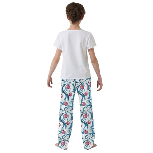 Pajama Bottoms, Cherry Pattern with Blue Bow Sleeping Pant Lounge Wear Pajamas Long Pants Sleepwear Pjs3