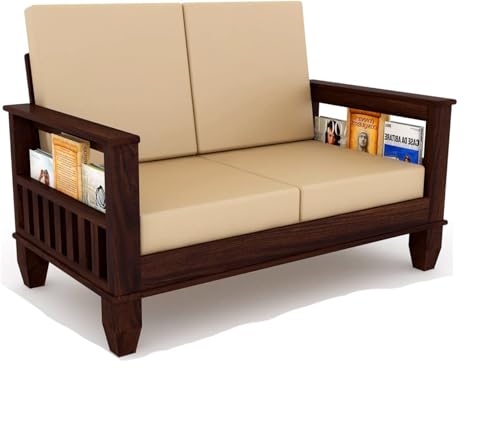 Image of Solid Sheesham Wooden 2 Seater Sofa Set for Living Room | Two Seater Sofa Set with Side Pocket Storage & Cushion | Rosewood Sofa Set for Home
